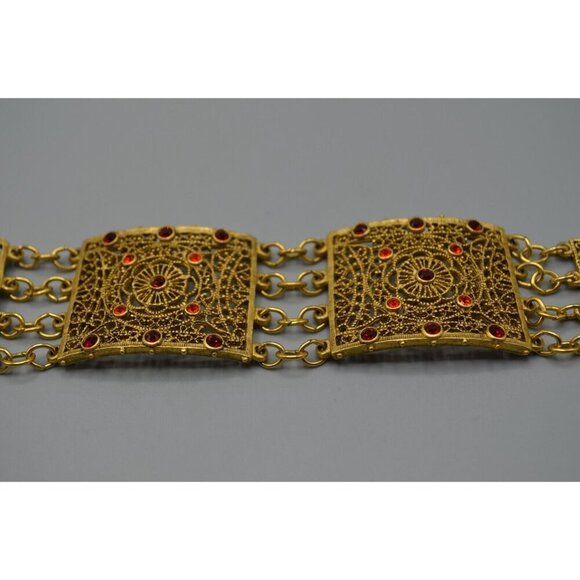 Filigree Panel Bracelet Gold Tone Red Stone Accents 8" Ornate Wide - Picture 6 of 12